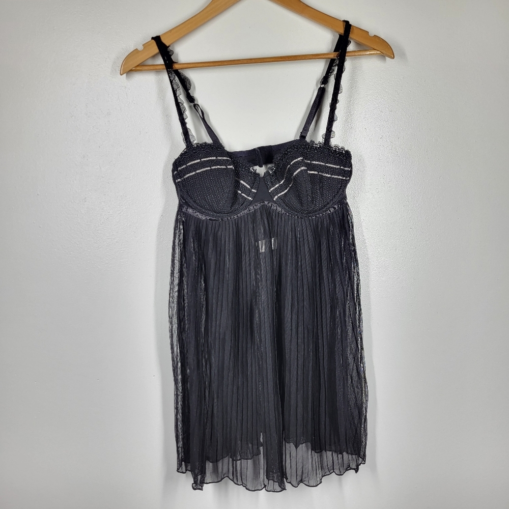 Flora Black Pleated Sheer Babydoll Cami Chemise Top Medium Light Padding